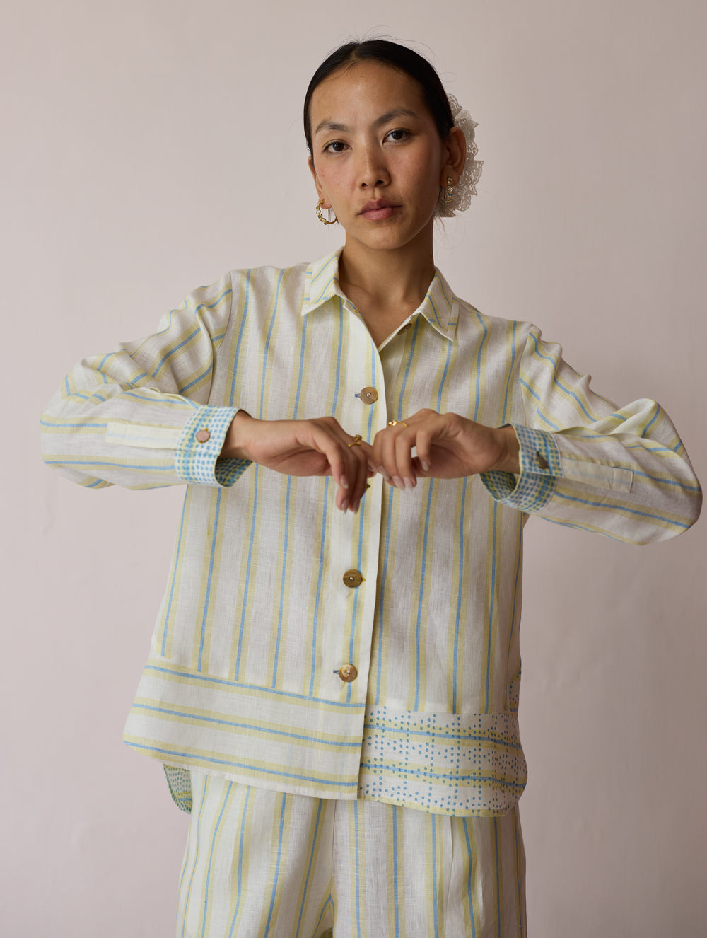 Erra Block-Printed Stripe Linen Shirt - Ivory