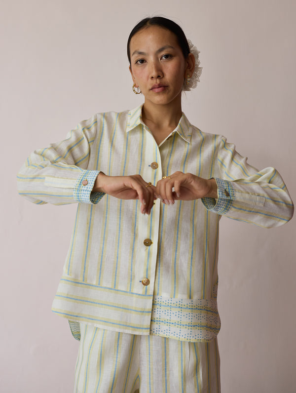 Erra Block-Printed Stripe Linen Shirt - Ivory