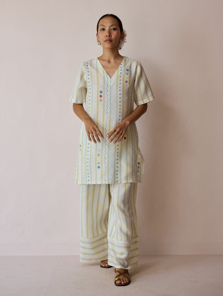 Selle Linen Stripe Applique Kurta - Ivory