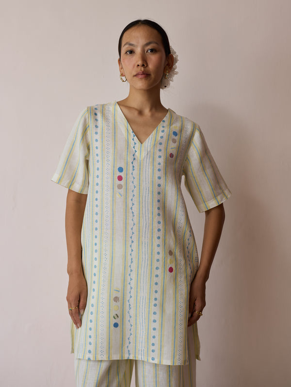Selle Linen Stripe Applique Kurta - Ivory