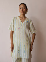 Selle Linen Stripe Applique Kurta - Ivory