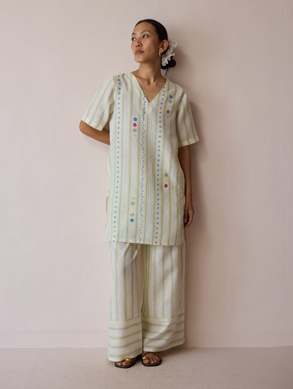 Selle Linen Stripe Applique Kurta - Ivory