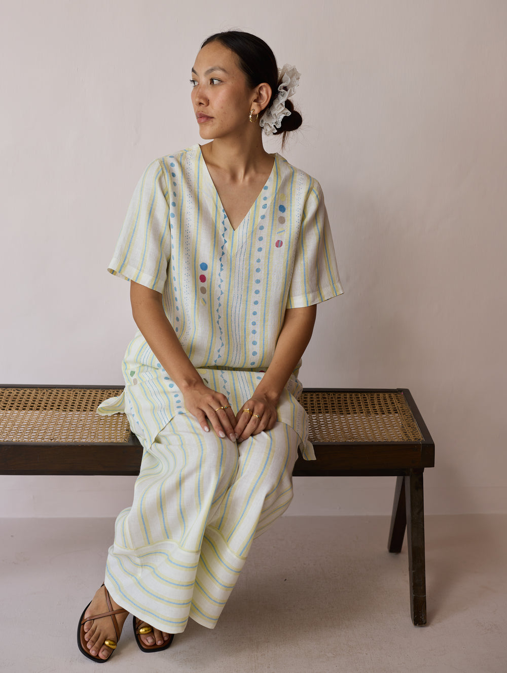 Selle Linen Applique Kurta Set - Ivory