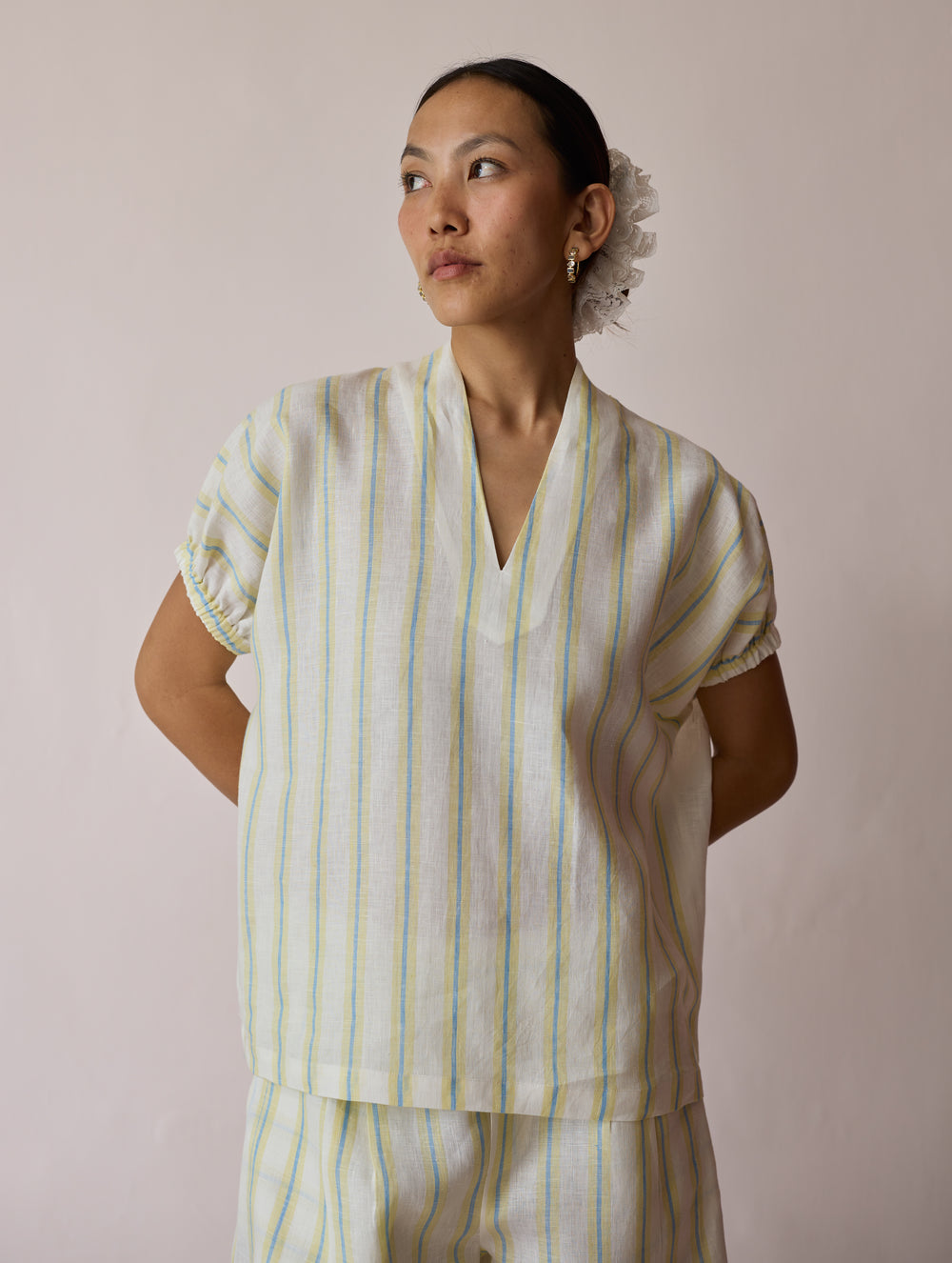 Anne V-Neck Stripe Linen Co-ord Set - Ivory