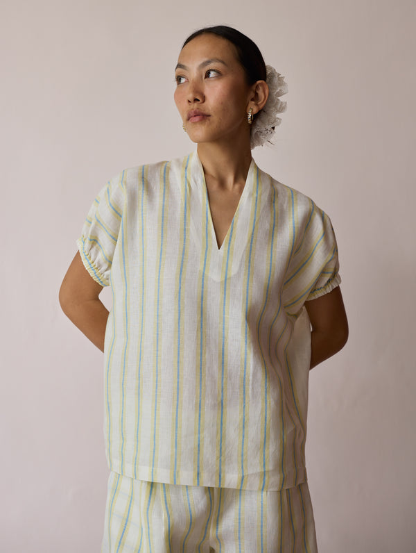 Anne V-Neck Stripe Linen Top - Ivory