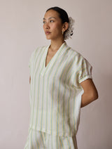 Anne V-Neck Stripe Linen Top - Ivory