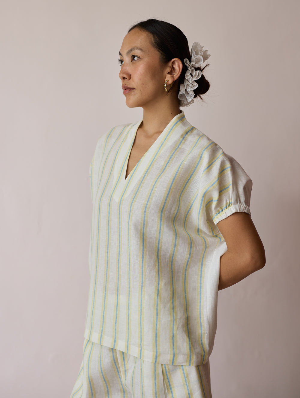 Anne V-Neck Stripe Linen Top - Ivory