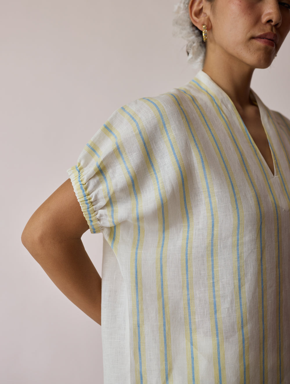 Anne V-Neck Stripe Linen Top - Ivory