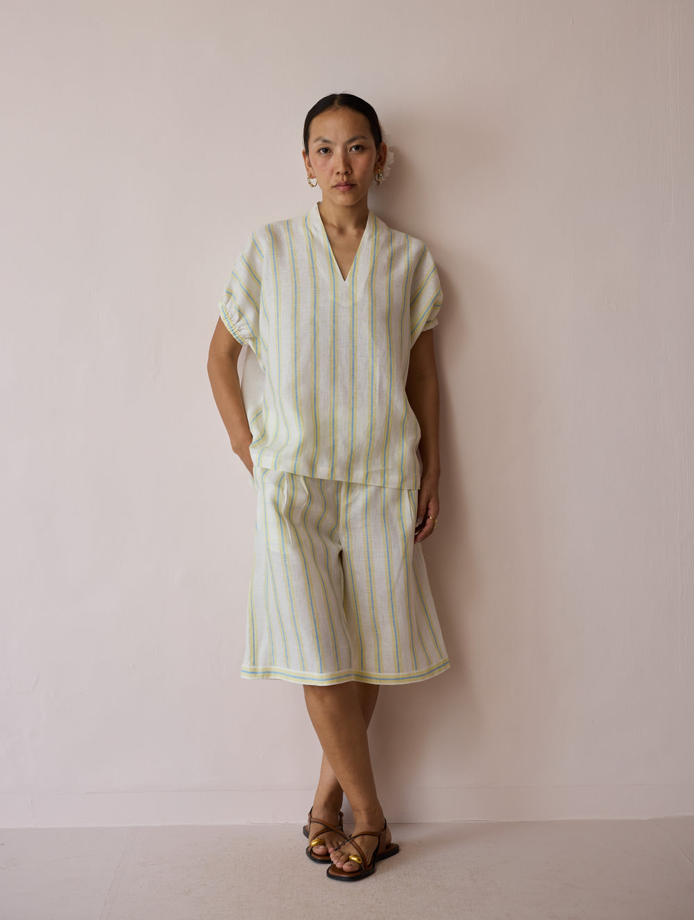 Ena Stripe Linen Jorts - Ivory