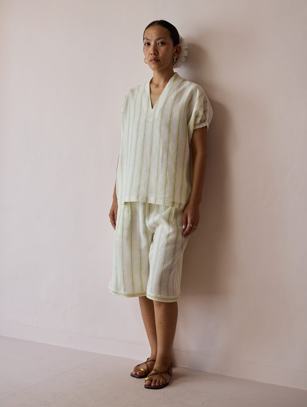 Ena Stripe Linen Jorts - Ivory