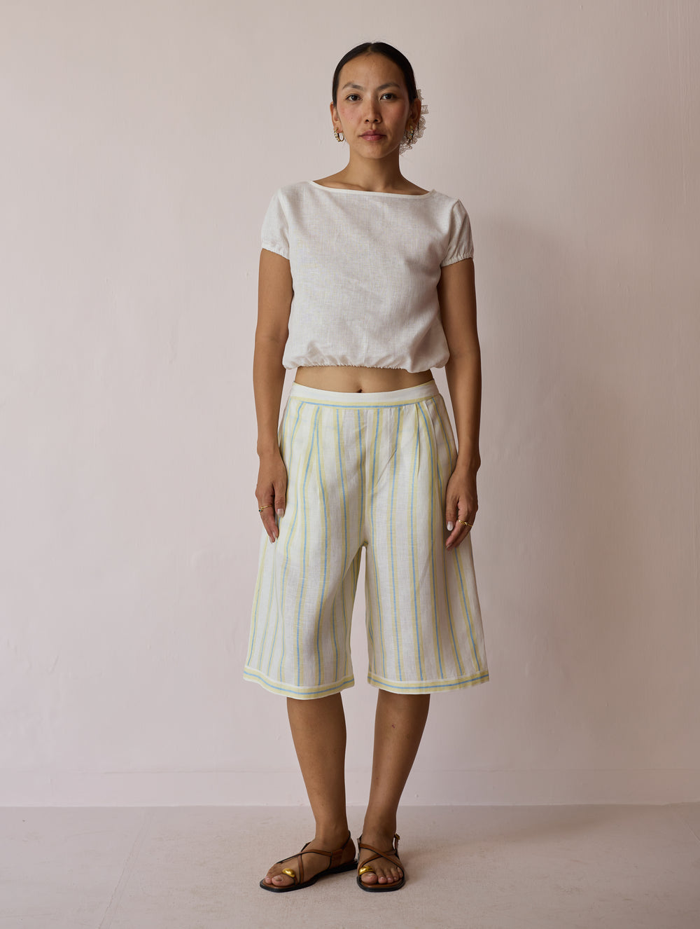 Ena Stripe Linen Jorts - Ivory