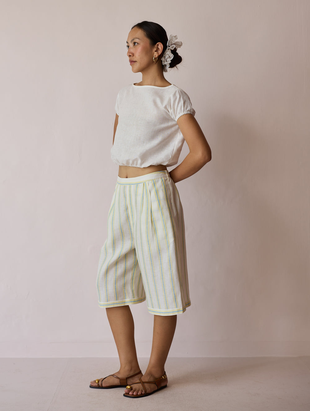 Ena Stripe Linen Jorts - Ivory