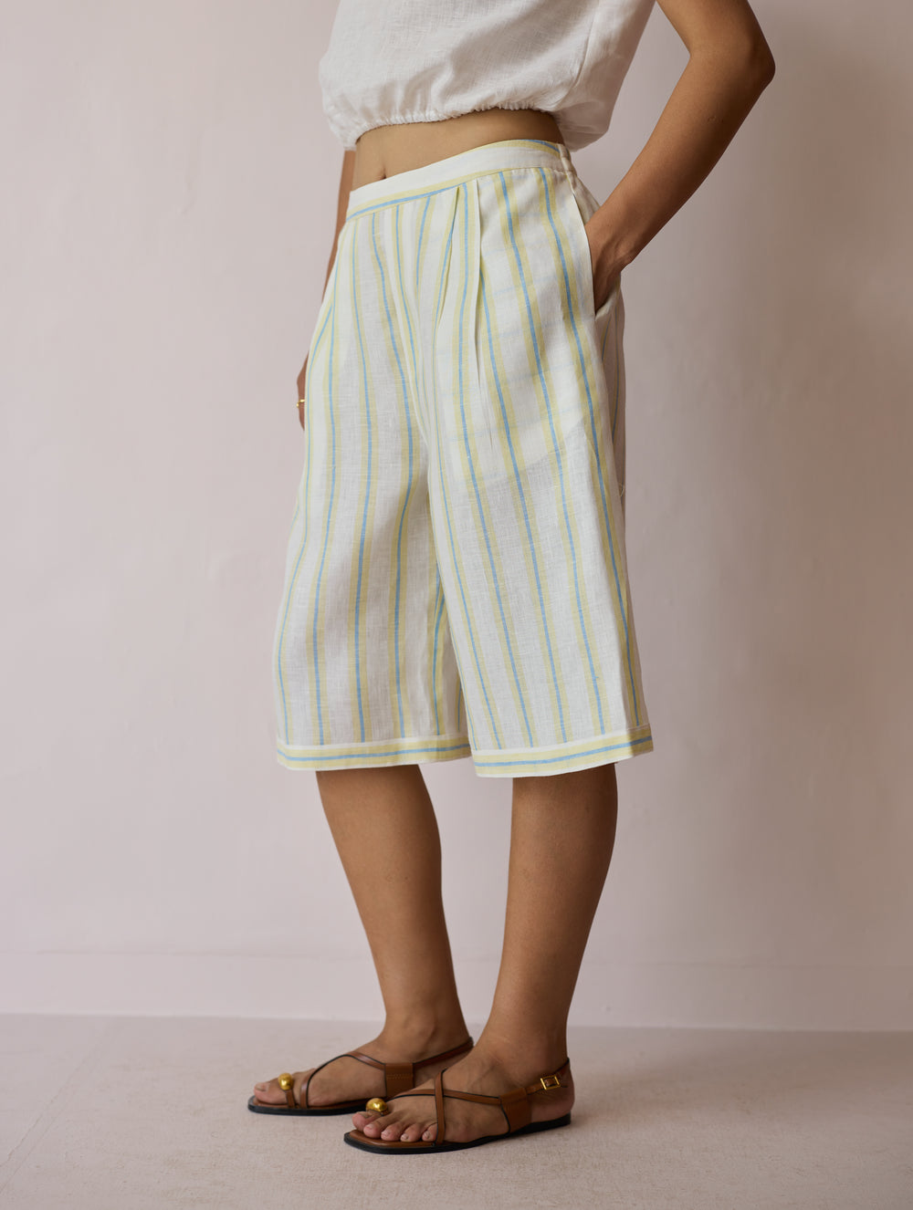 Ena Stripe Linen Jorts - Ivory