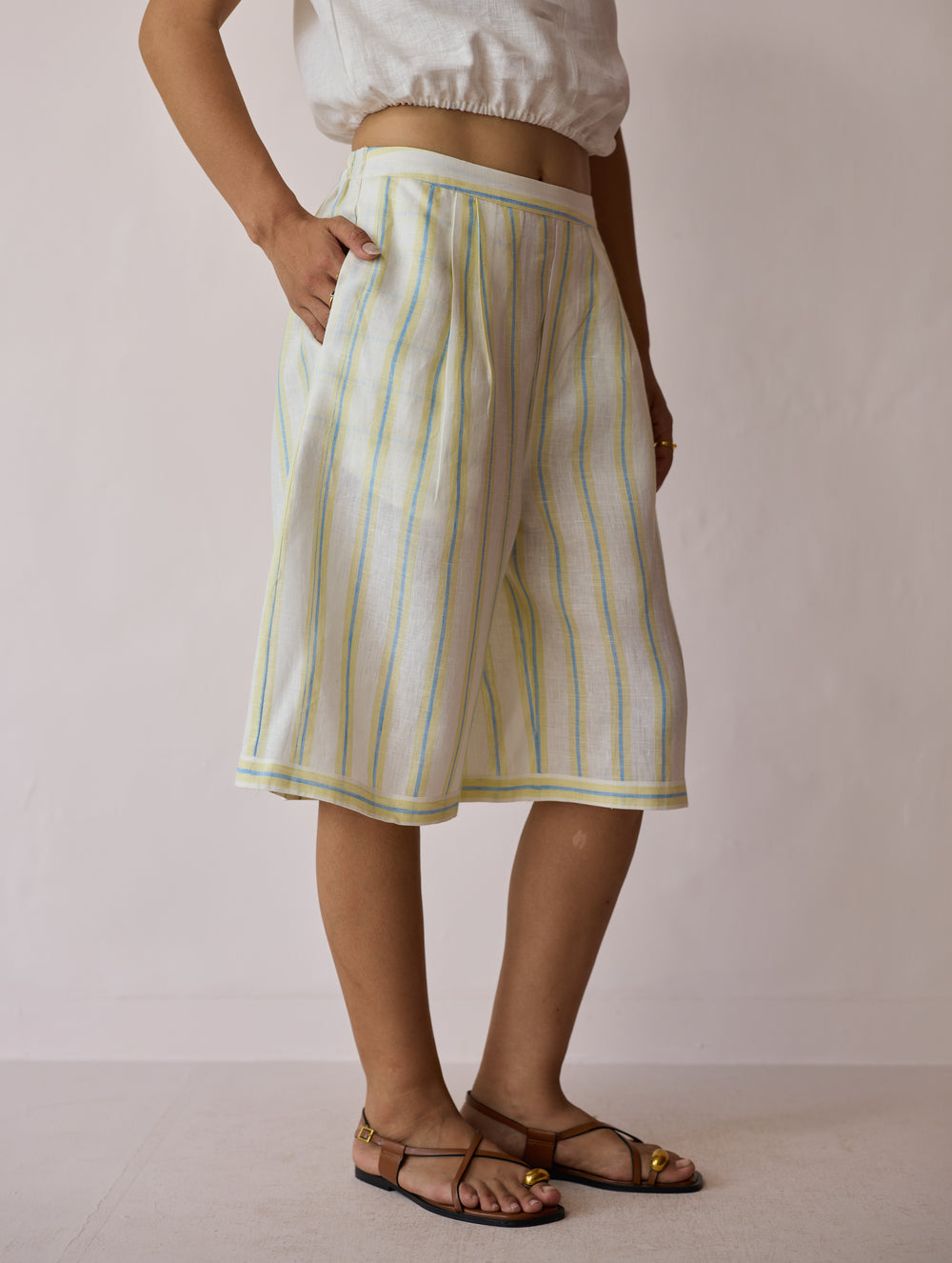 Ena Stripe Linen Jorts - Ivory