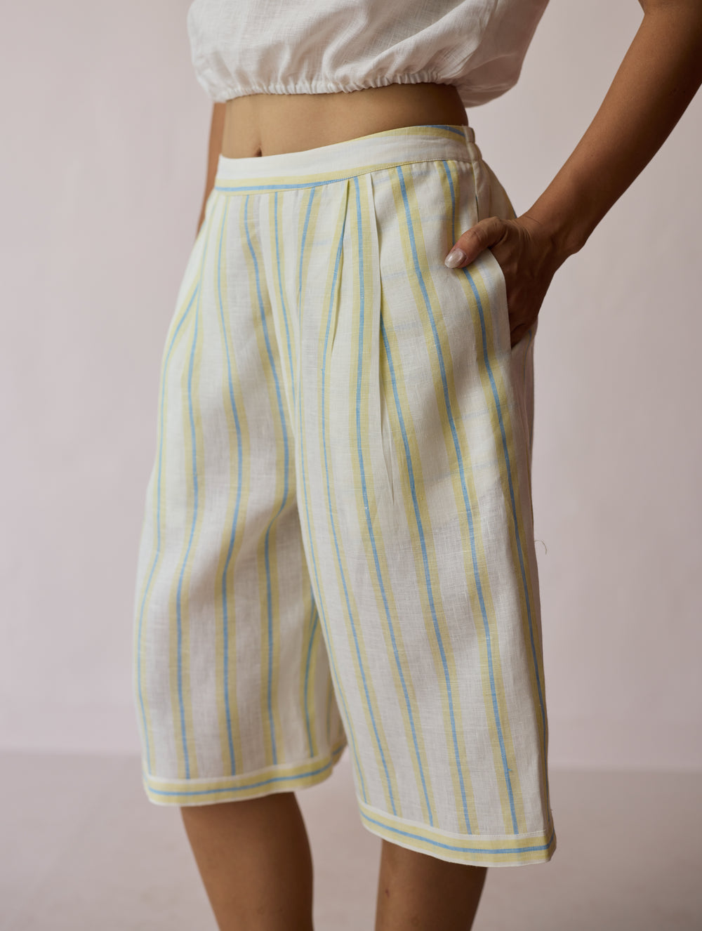 Ena Stripe Linen Jorts - Ivory
