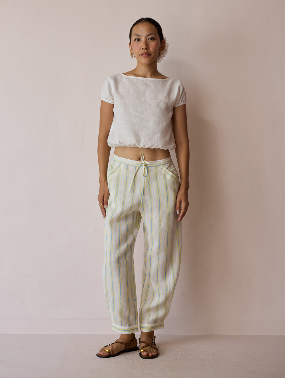 Terra Pleated Hem Stripe Linen Pants - Ivory