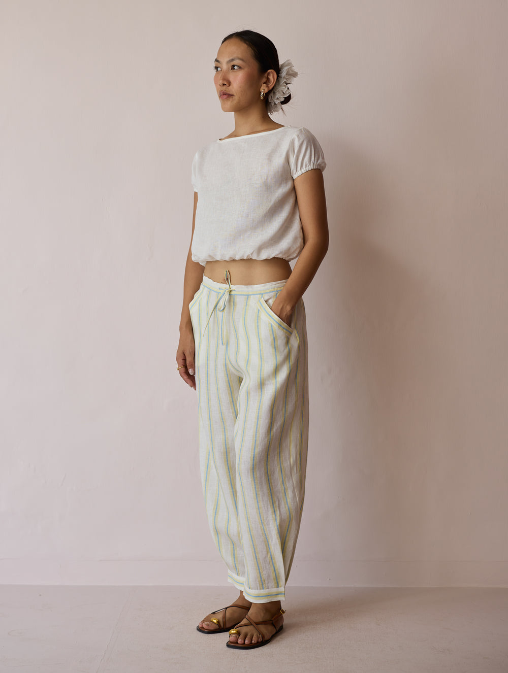 Terra Pleated Hem Stripe Linen Pants - Ivory