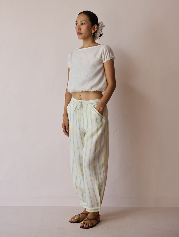 Terra Pleated Hem Stripe Linen Pants - Ivory