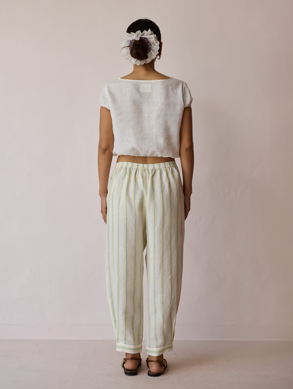 Terra Pleated Hem Stripe Linen Pants - Ivory
