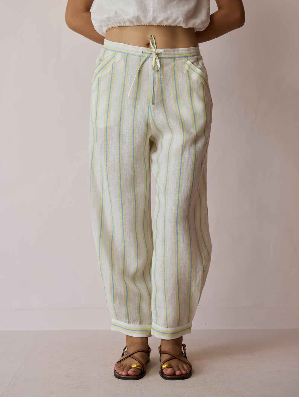 Terra Pleated Hem Stripe Linen Pants - Ivory