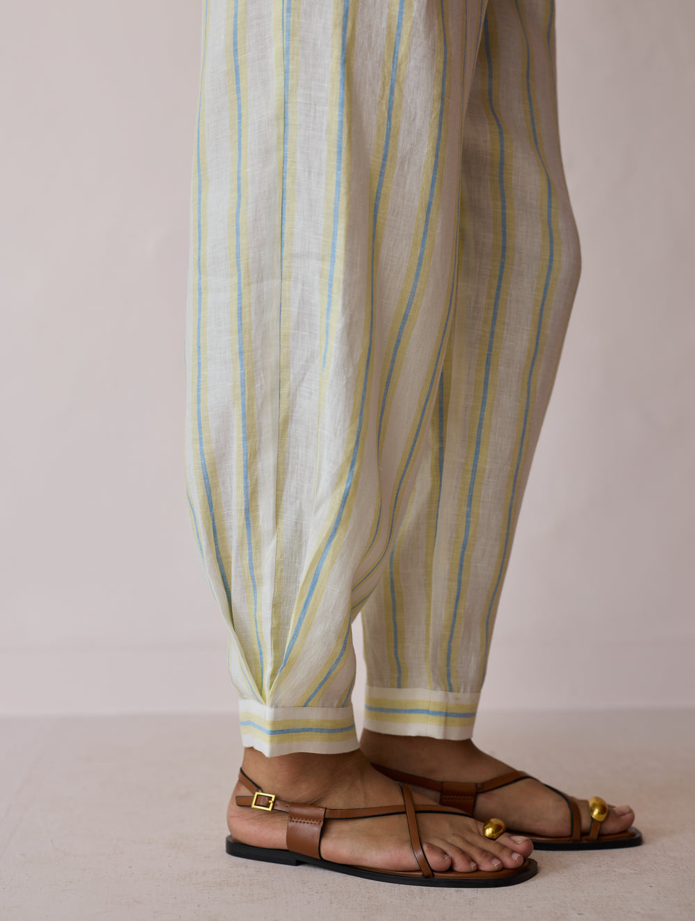 Terra Pleated Hem Stripe Linen Pants - Ivory