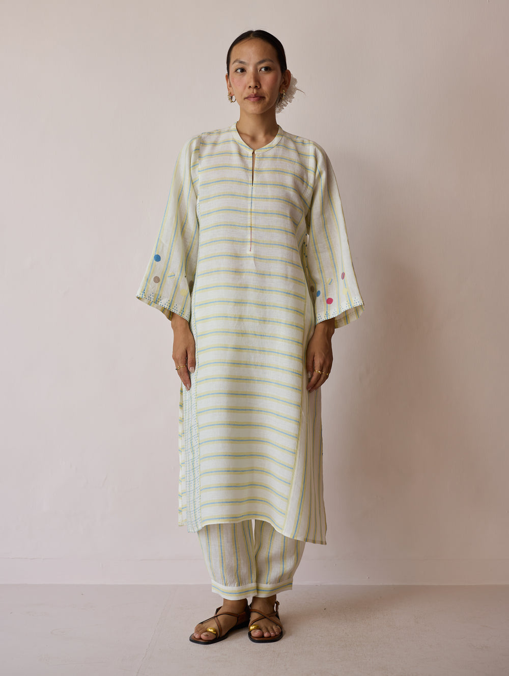 Parvee Block-Printed Linen Angrakha Kurta - Ivory