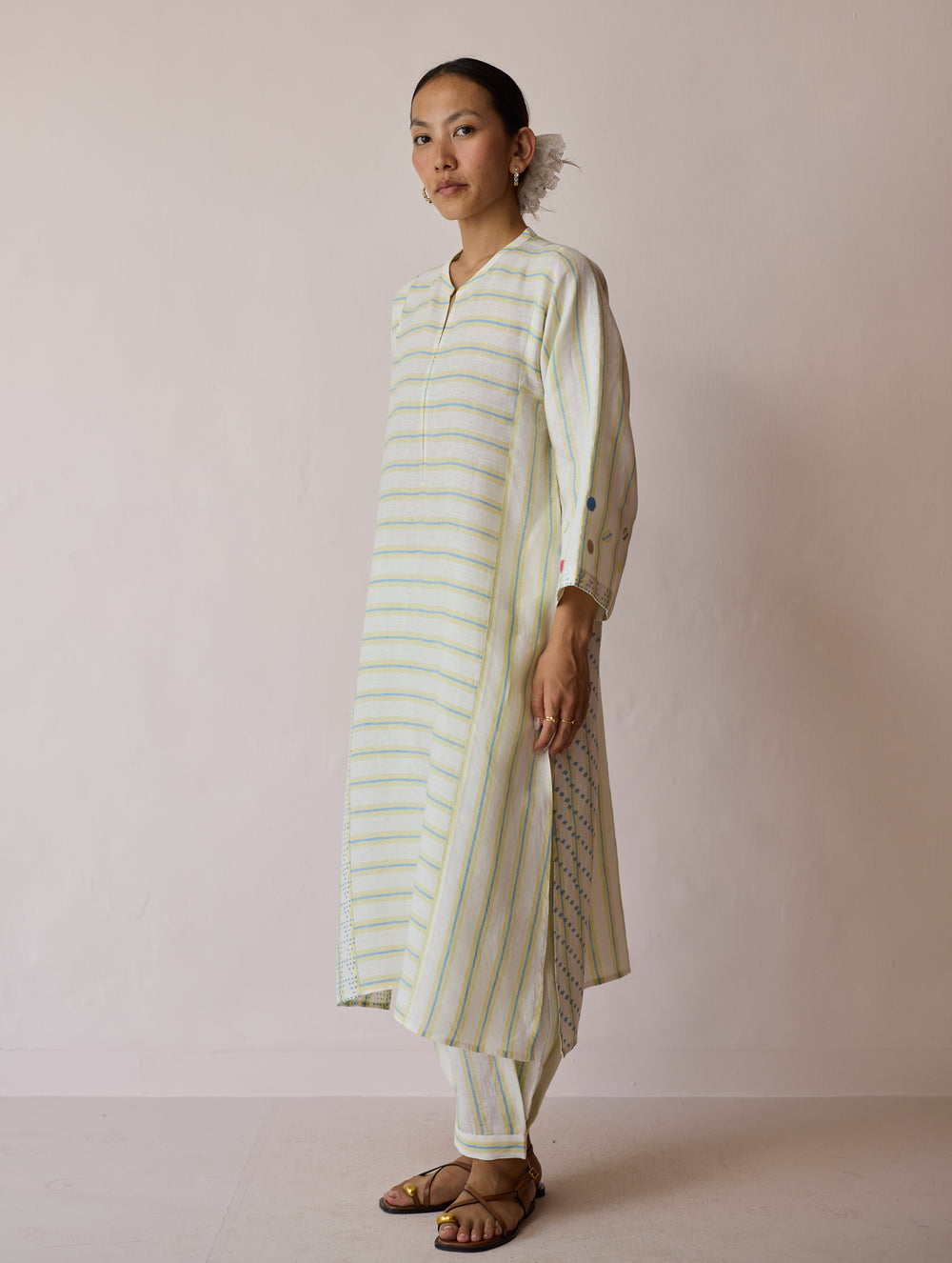 Parvee Block-Printed Linen Kurta Set - Ivory