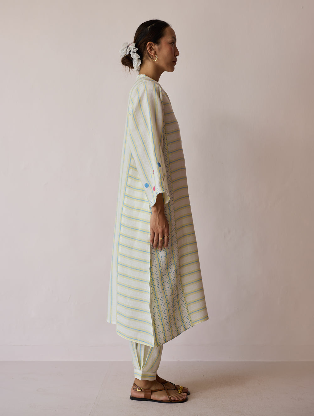 Parvee Block-Printed Linen Angrakha Kurta - Ivory