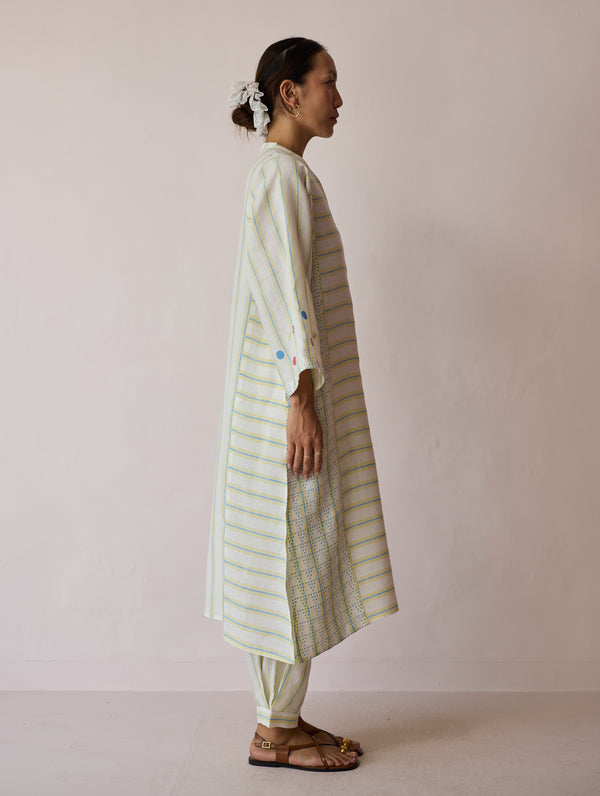 Parvee Block-Printed Linen Angrakha Kurta - Ivory