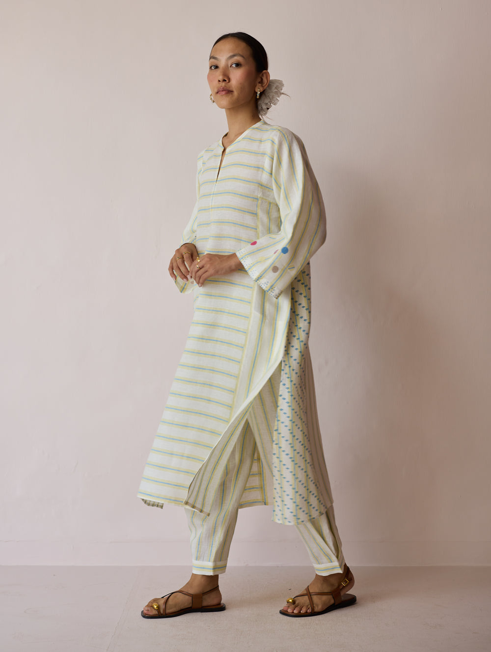Parvee Block-Printed Linen Angrakha Kurta - Ivory