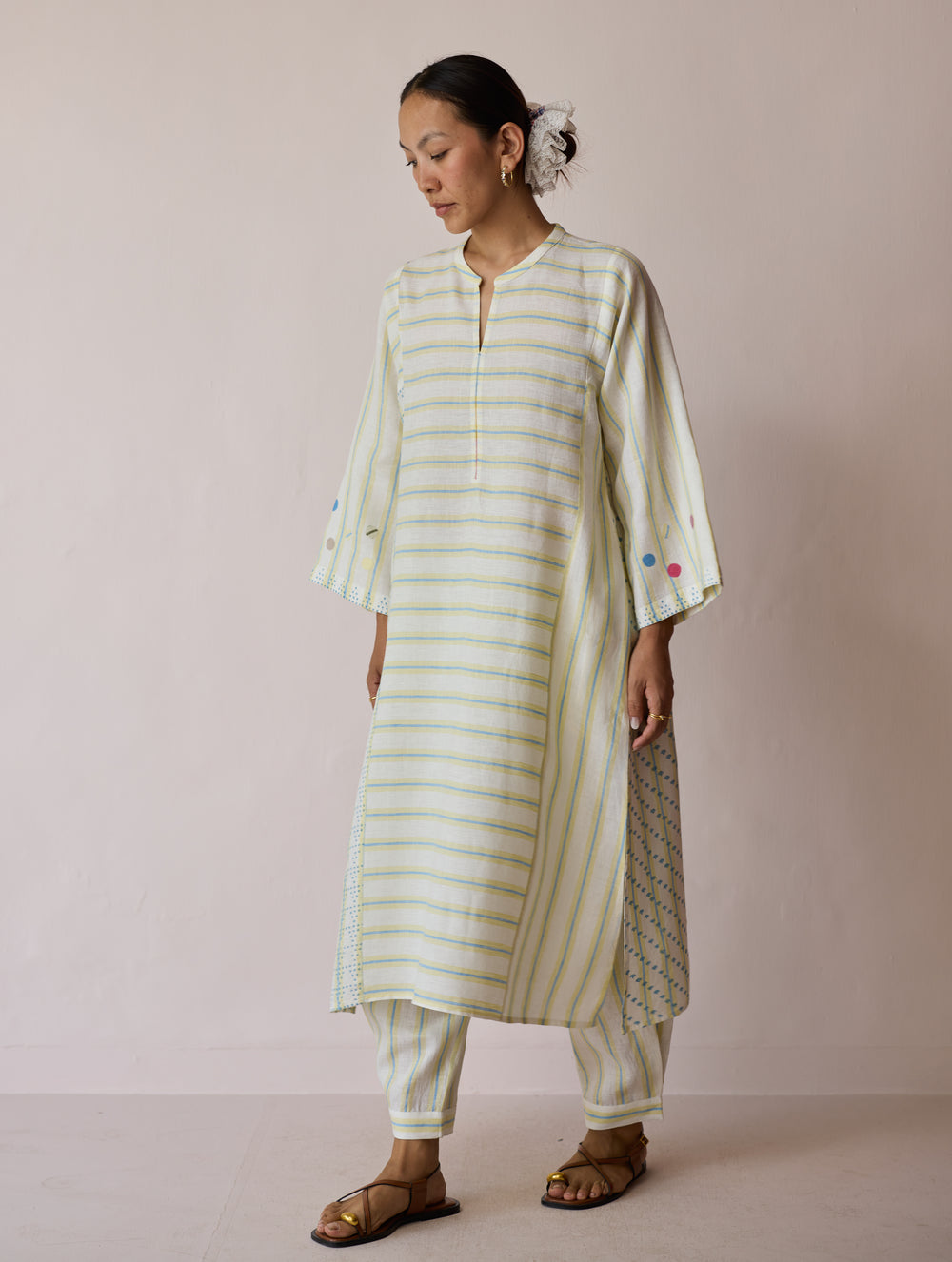 Parvee Block-Printed Linen Angrakha Kurta - Ivory