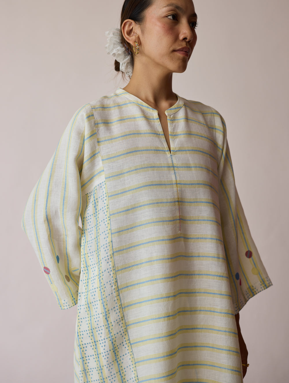Parvee Block-Printed Linen Angrakha Kurta - Ivory