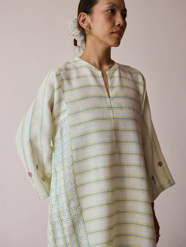 Parvee Block-Printed Linen Angrakha Kurta - Ivory