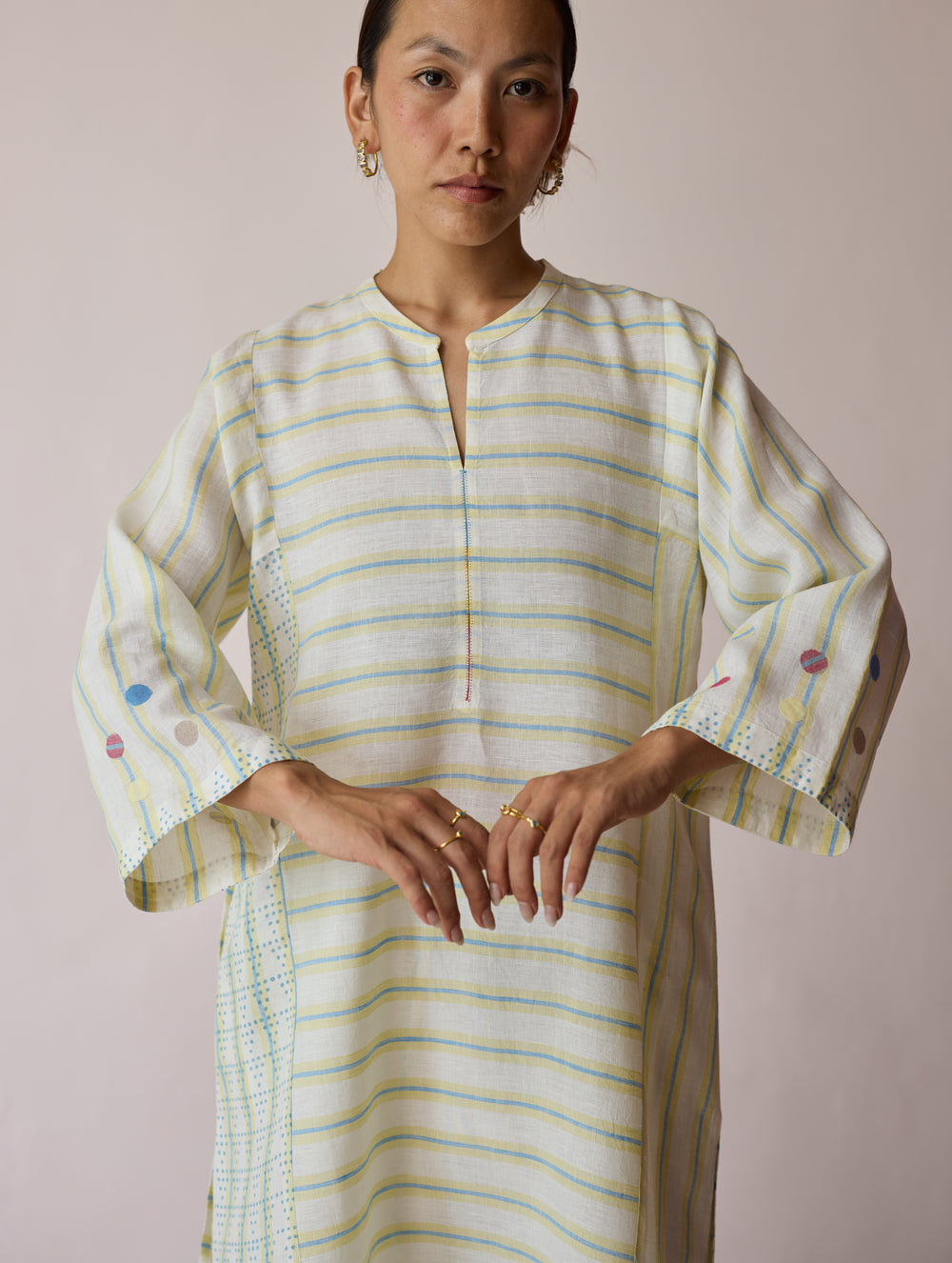 Parvee Block-Printed Linen Angrakha Kurta - Ivory
