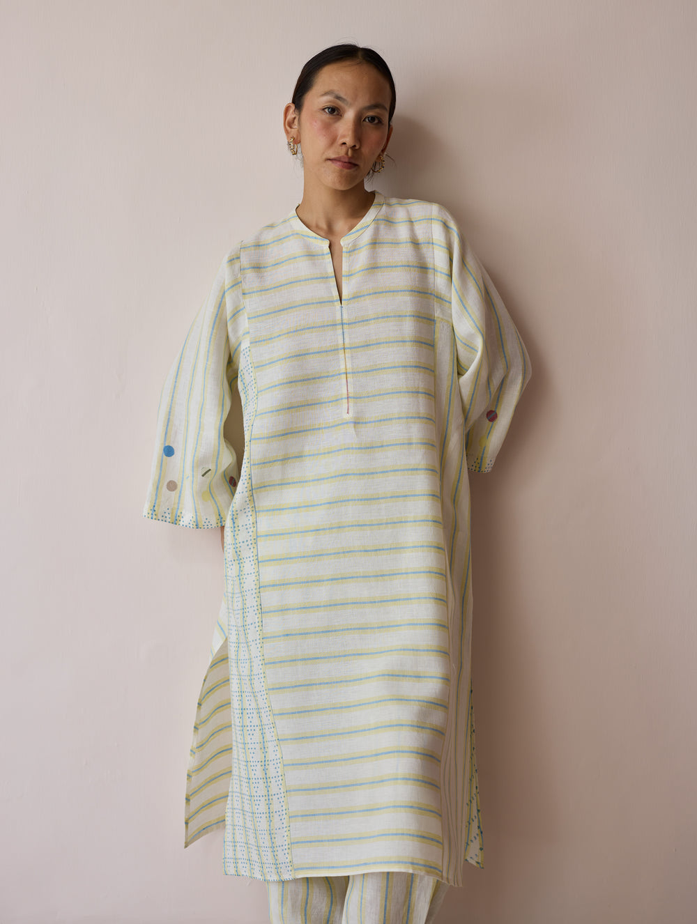 Parvee Block-Printed Linen Angrakha Kurta - Ivory