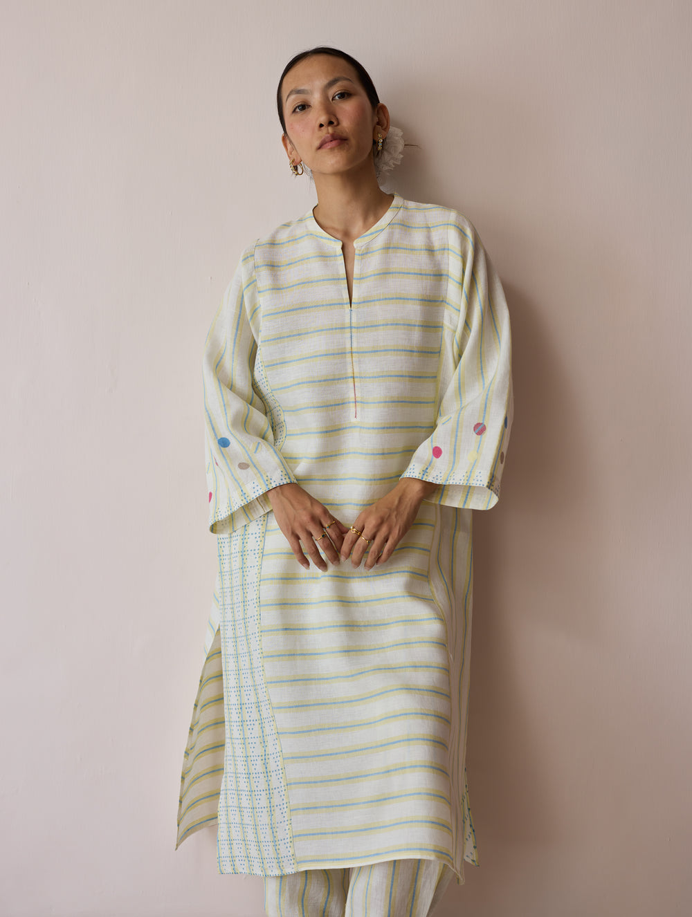 Parvee Block-Printed Linen Angrakha Kurta - Ivory