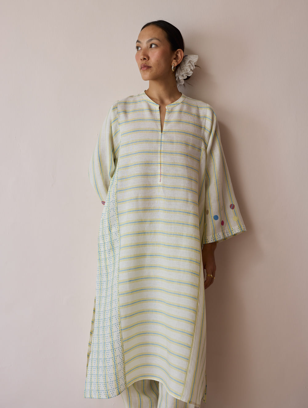 Parvee Block-Printed Linen Angrakha Kurta - Ivory
