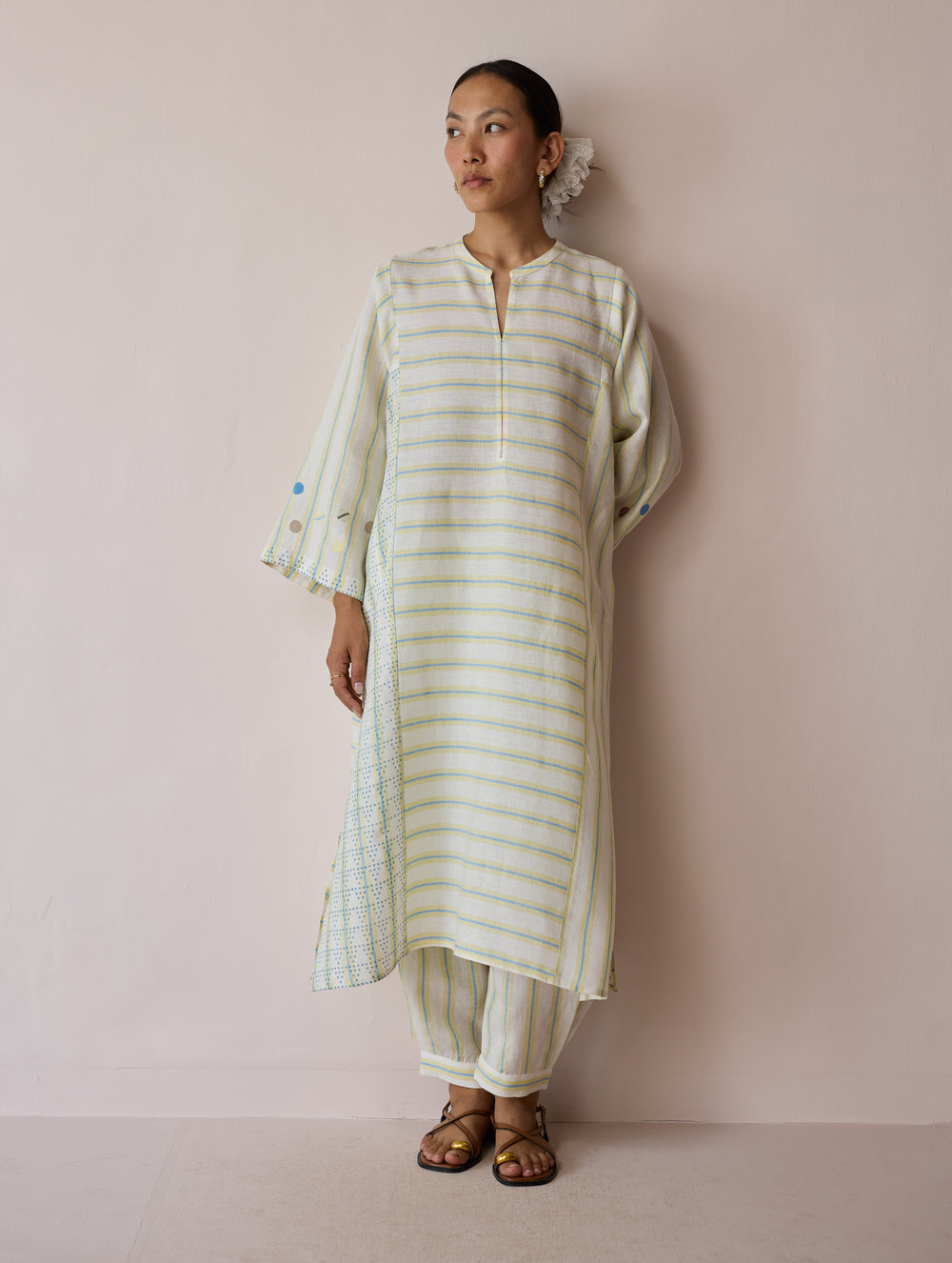 Parvee Block-Printed Linen Angrakha Kurta - Ivory