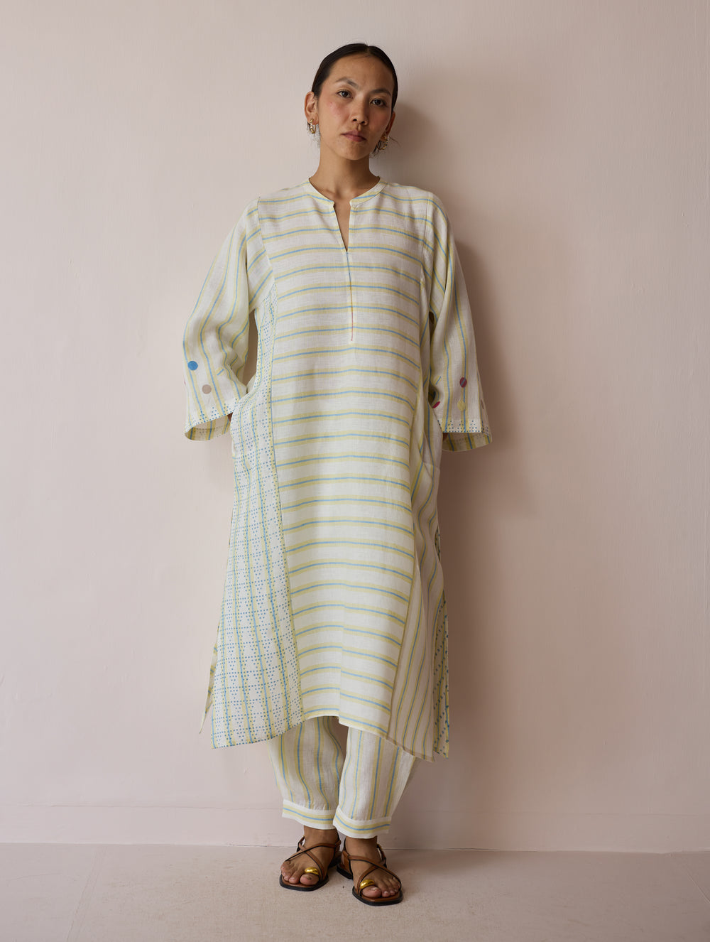 Parvee Block-Printed Linen Angrakha Kurta - Ivory