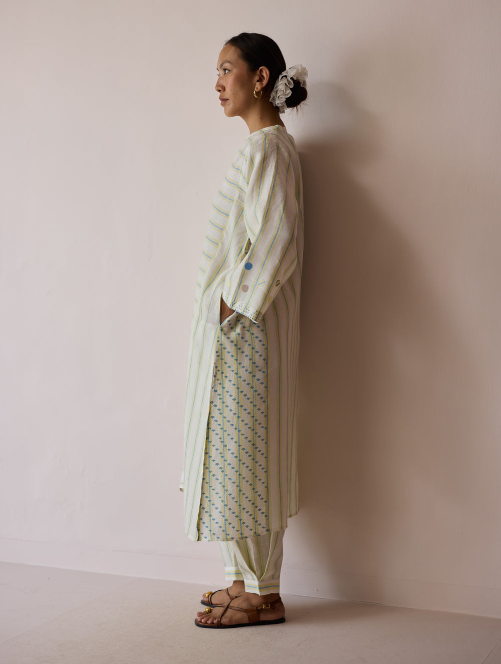 Parvee Block-Printed Linen Angrakha Kurta - Ivory