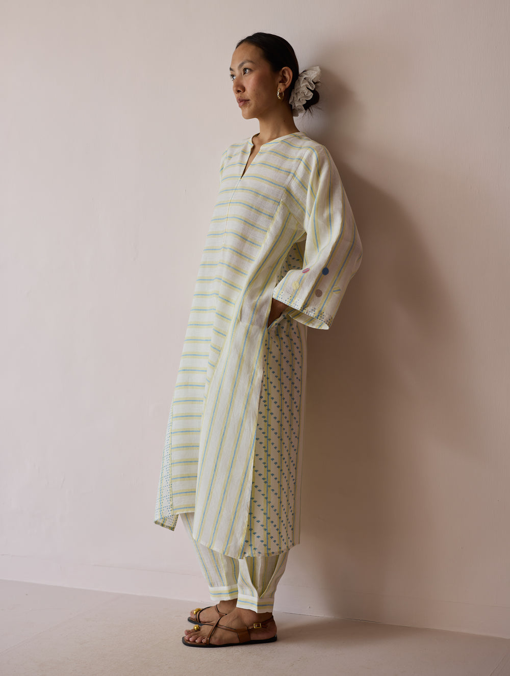 Parvee Block-Printed Linen Angrakha Kurta - Ivory