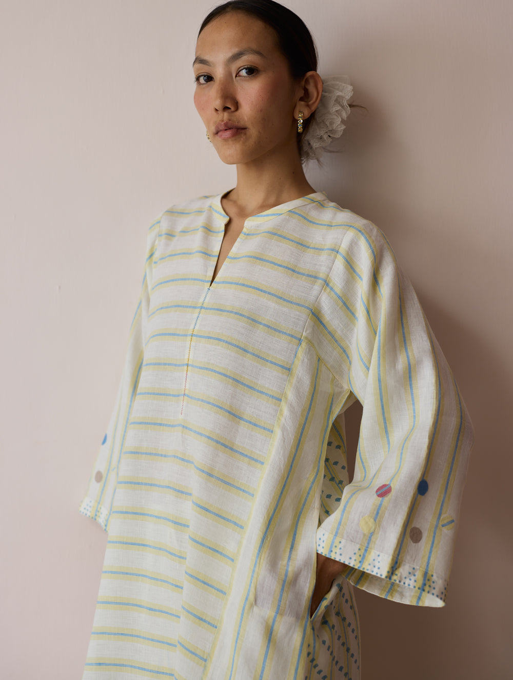 Parvee Block-Printed Linen Angrakha Kurta - Ivory