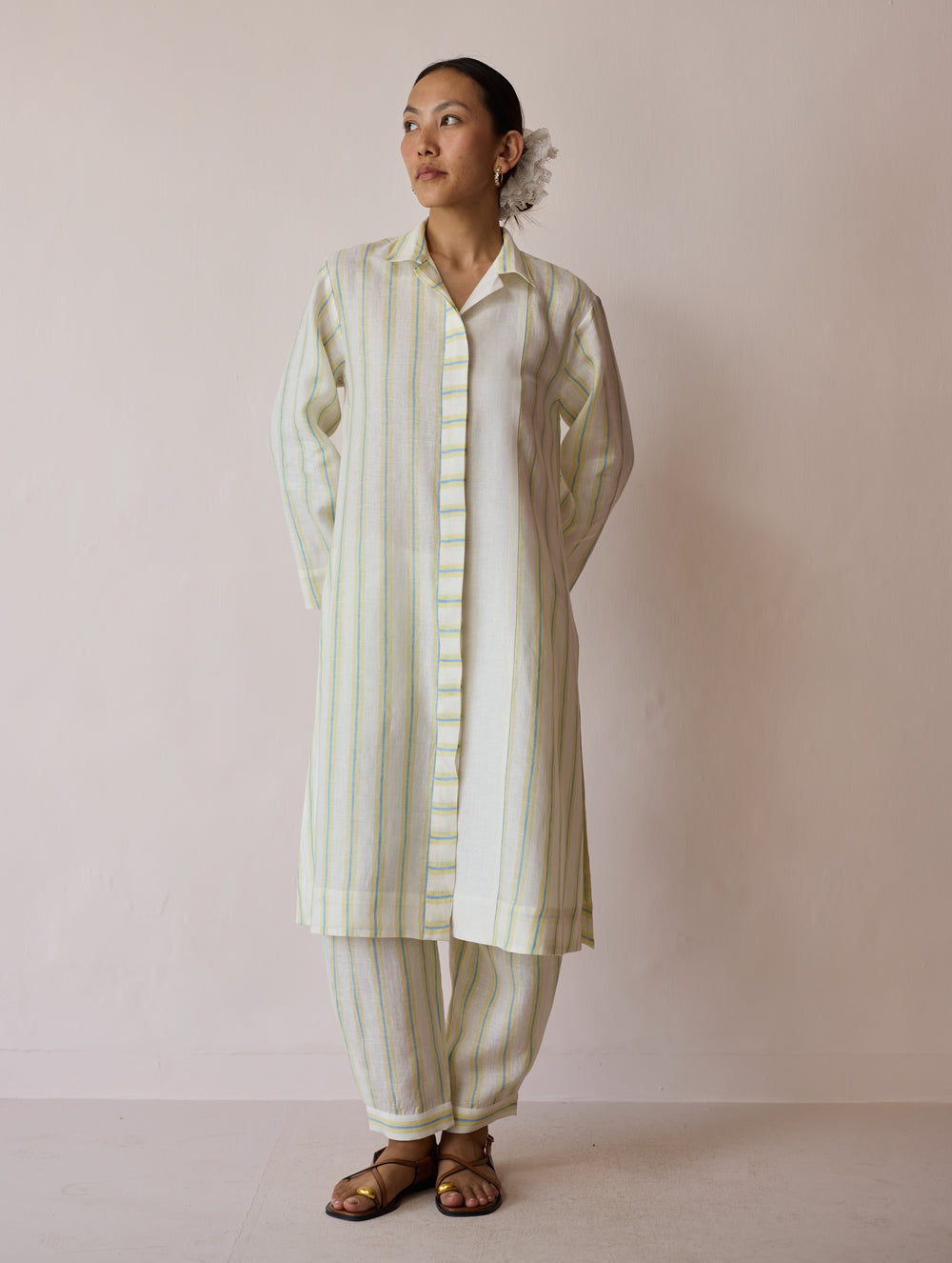 Joana Patchwork Stripe Linen Shirt Kurta - Ivory