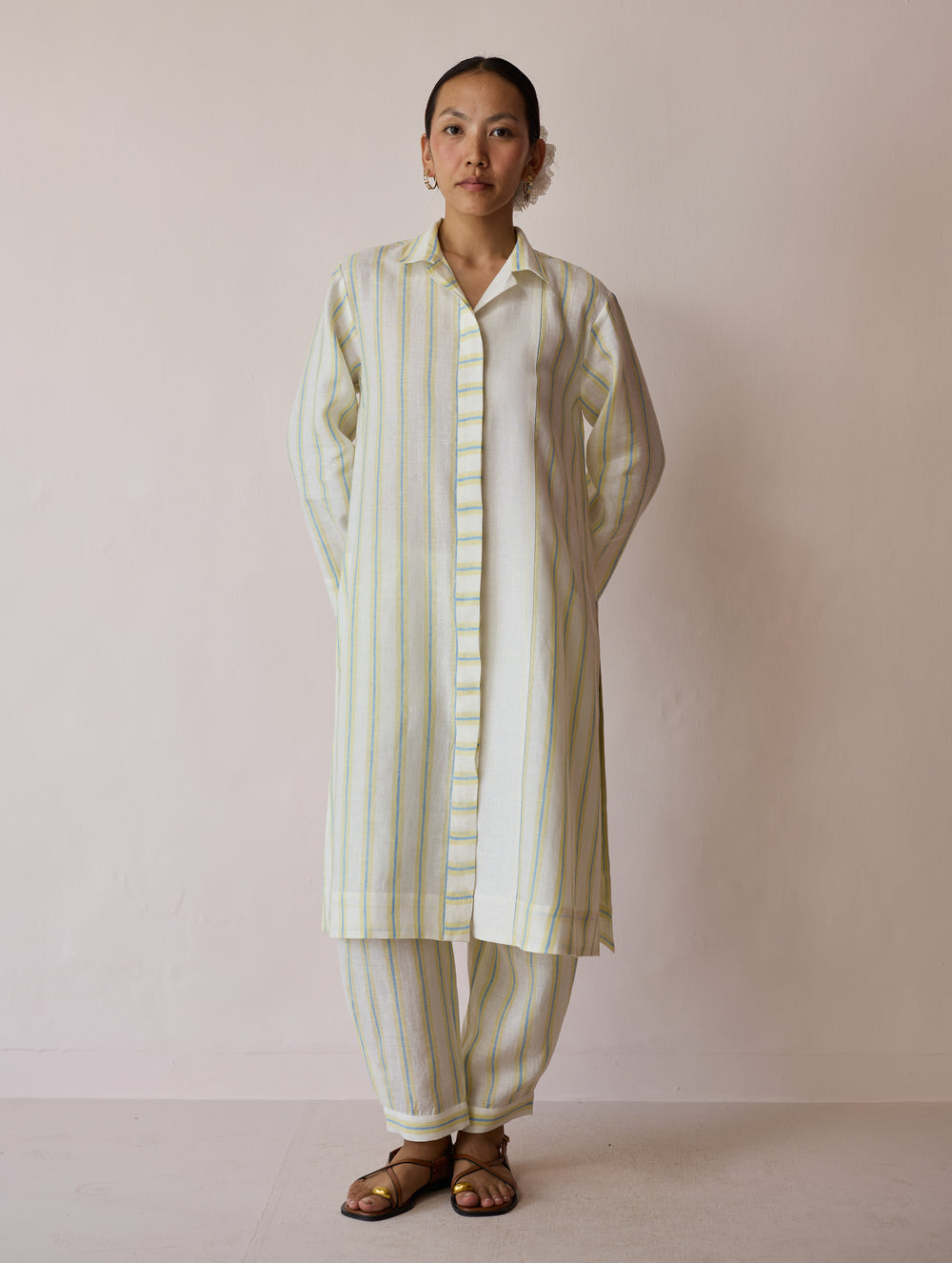 Joana Patchwork Stripe Linen Kurta Sets - Ivory