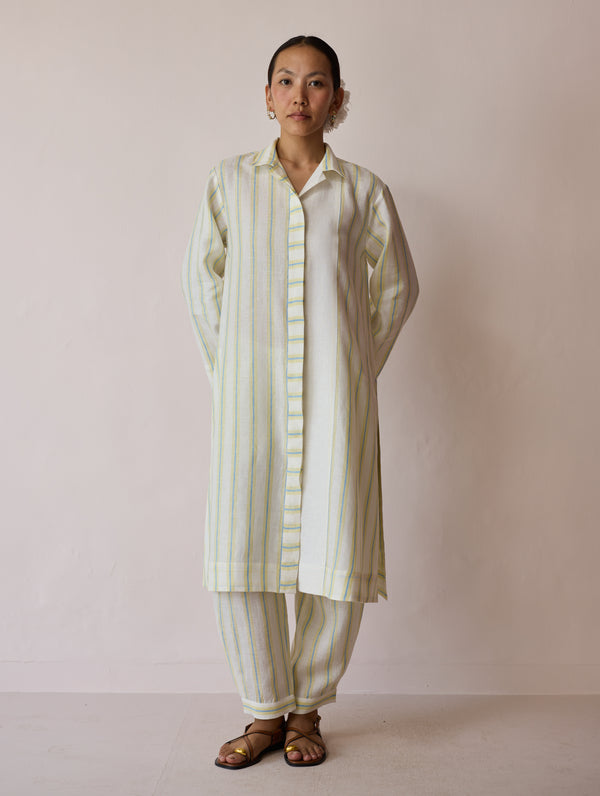 Joana Patchwork Stripe Linen Kurta Sets - Ivory