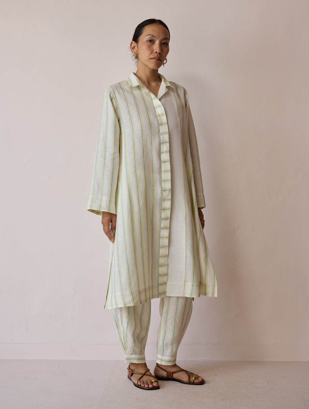 Joana Patchwork Stripe Linen Shirt Kurta - Ivory