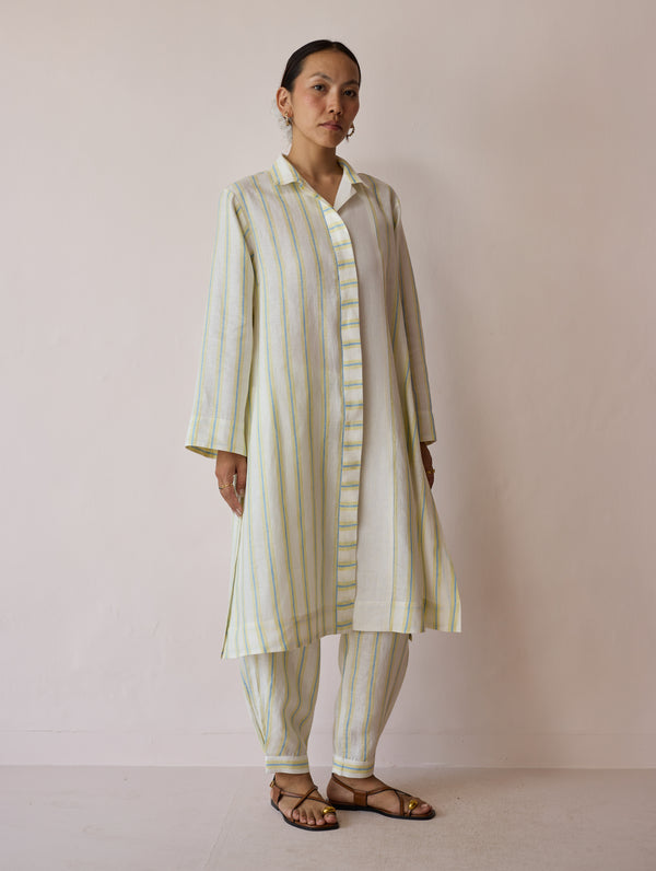 Joana Patchwork Stripe Linen Shirt Kurta - Ivory