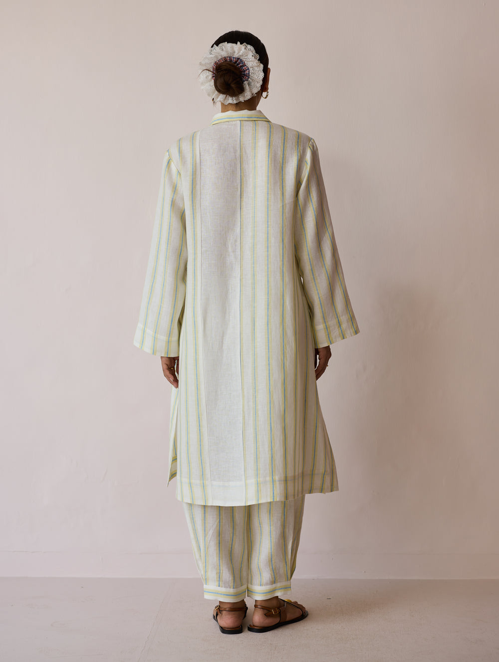 Joana Patchwork Stripe Linen Shirt Kurta - Ivory