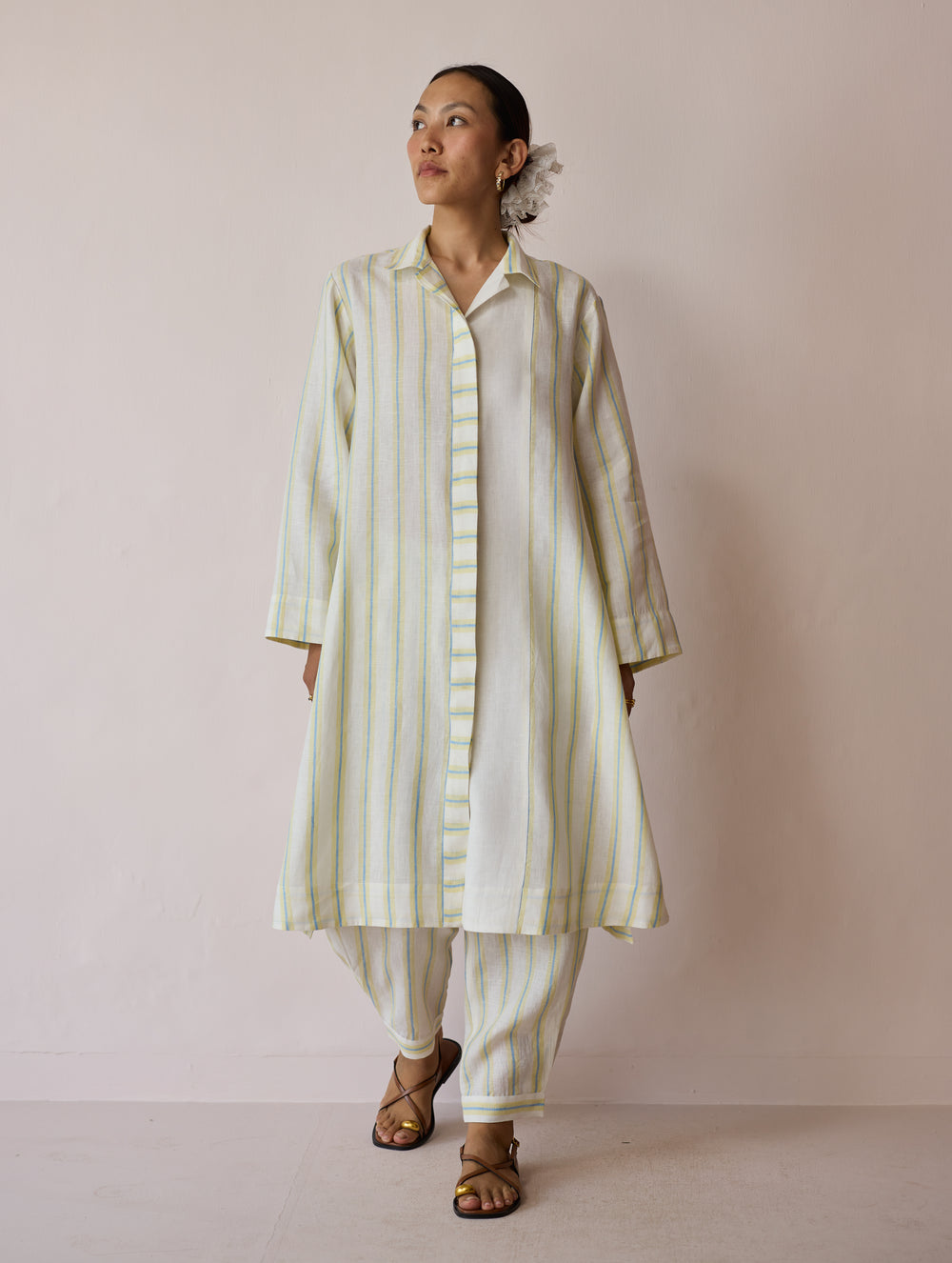 Joana Patchwork Stripe Linen Shirt Kurta - Ivory