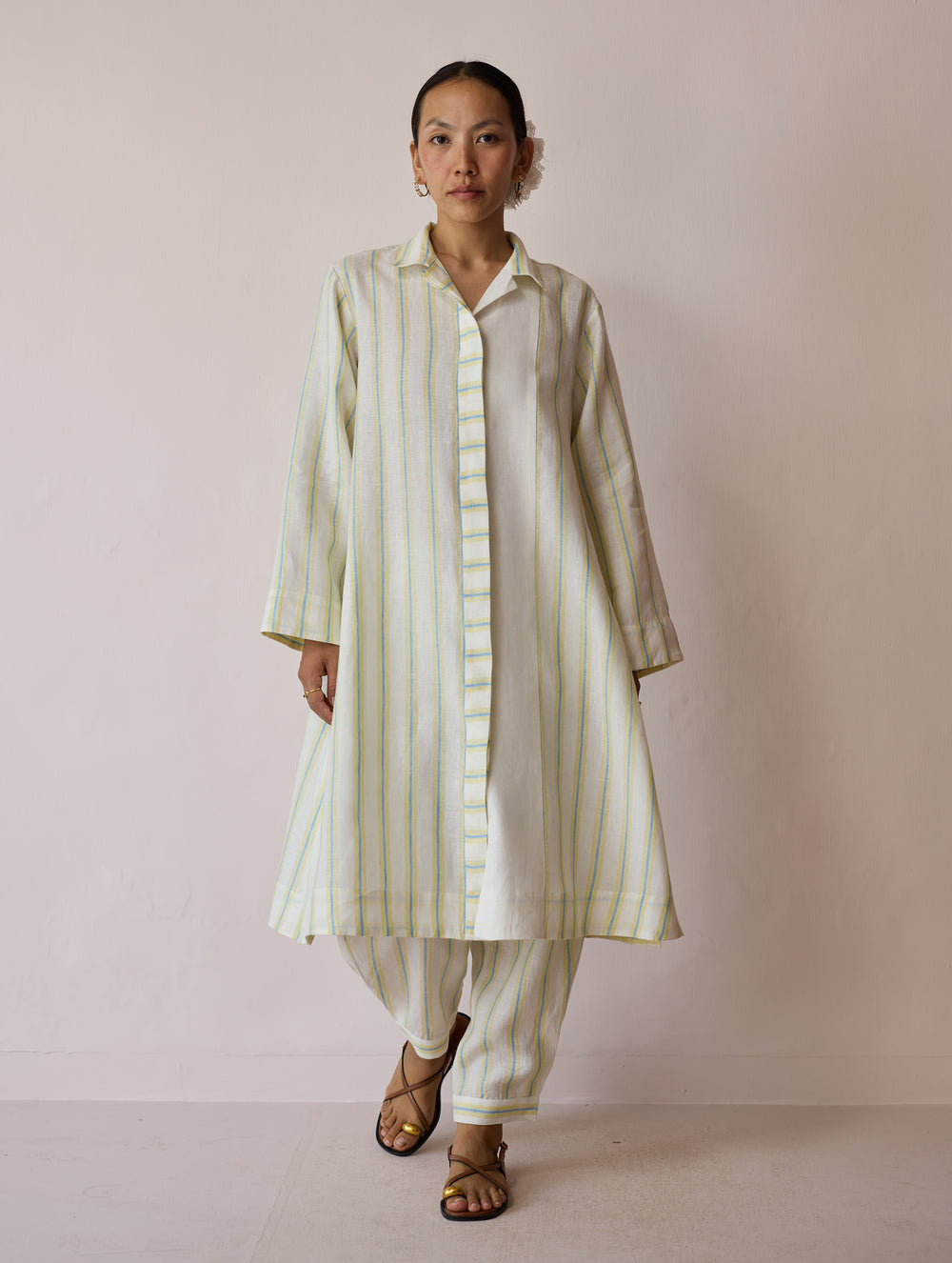 Joana Patchwork Stripe Linen Shirt Kurta - Ivory